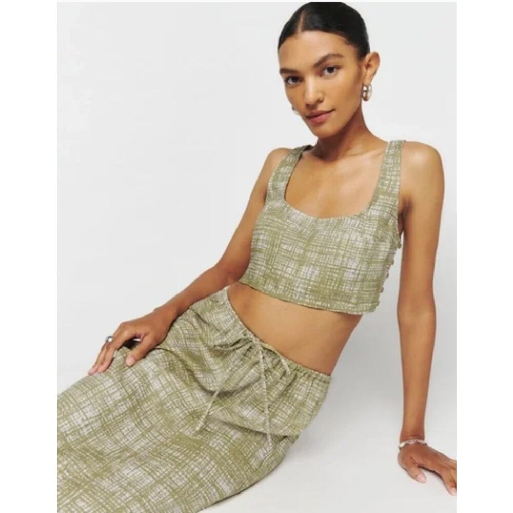 Reformation Amir Two Piece Skirt Set Tan Beige 100% Linen Back Slit Size Medium - Picture 2 of 15
